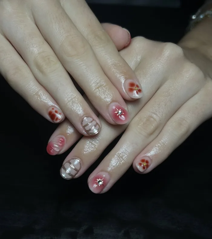 The same soft pink set with small pressed florals on a sheer base